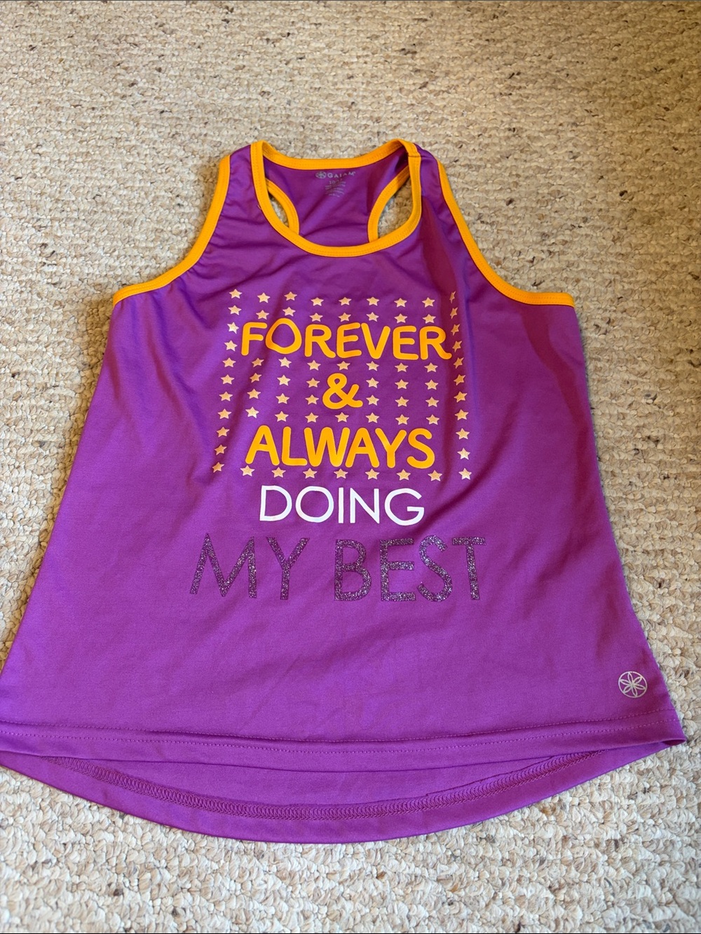 GAIAM Kids Girls Purple Tank Top with Yellow Trim "Forever & Always"